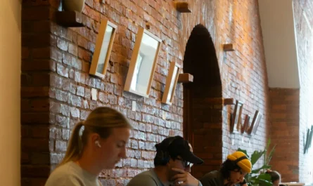 International students working on laptops in a cafe near campus in the USA