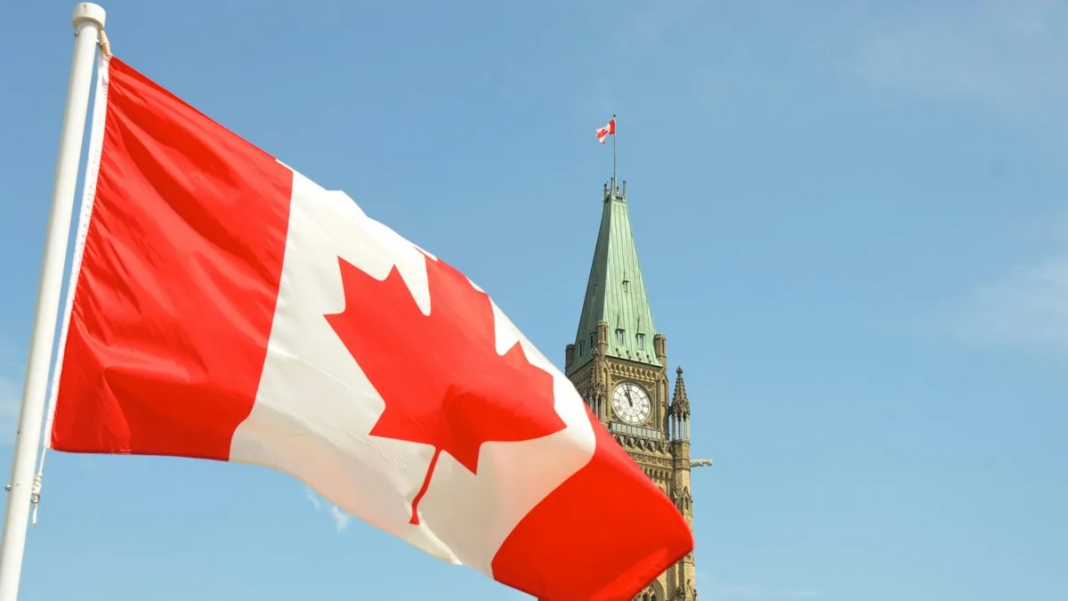 Canadian flag in front of the Peace Tower in Ottawa