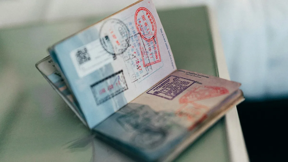 Open passport with stamps for a US F-1 student visa application
