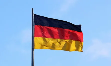 Flag of Germany on a pole against a blue sky